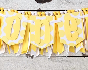 Yellow and White Polka Dots Highchair Banner and Ribbon Garland Set: First Birthday Party Decor