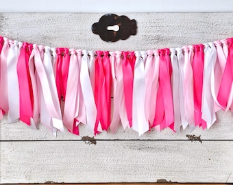 Hot Pink, Light Pink and White Ribbon Garland:  Handcrafted Highchair Skirt Party Decoration