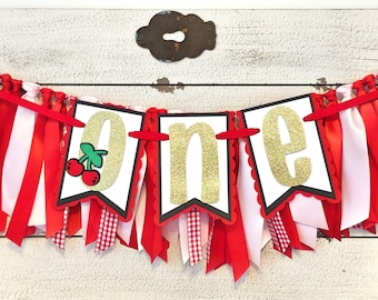 Cherry First Birthday Banner and Ribbon Garland Set: Handcrafted Highchair Banner