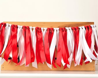 Red and White Ribbon Garland:  Handcrafted Highchair Skirt, Christmas Birthday Decoration, Holiday Garland, Peppermint Candy Cane Garland