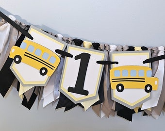 Wheels On the Bus Highchair Birthday Banner and Ribbon Garland Set, Yellow School Bus Banner, Number Highchair Banner, Handcrafted Banner