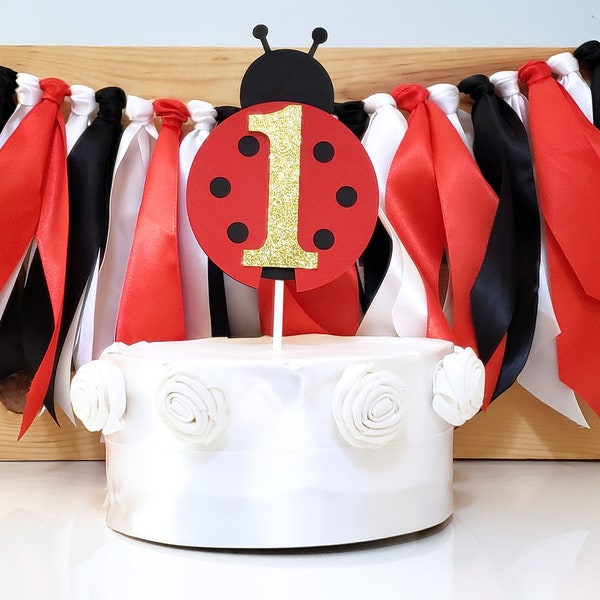 Ladybug Cake Topper, Red, Black and Gold, Ladybug First Birthday, Smash Cake Topper, Ladybug Birthday Decoration, Handcrafted Topper