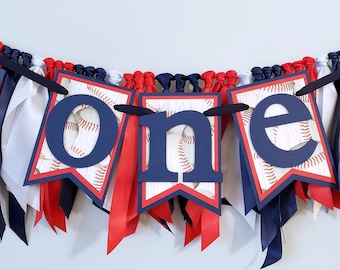 Vintage Baseball Highchair Banner and Ribbon Garland Set: Navy Blue and Red