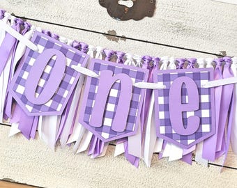 Lavender Gingham Highchair Banner: First Birthday Garland Set