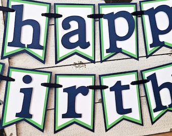 Navy Blue and Green Birthday Banner, Custom Name Banner, First Birthday Banner, Handcrafted Party Decoration