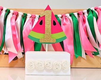 Watermelon Cake Topper, Hot Pink, Green and Gold, First Birthday, Smash Cake Topper, Fruit Birthday Cake Decoration, Handcrafted Cake Topper