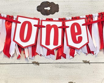 Red and White Highchair Banner Garland Set: First Birthday Party Decor
