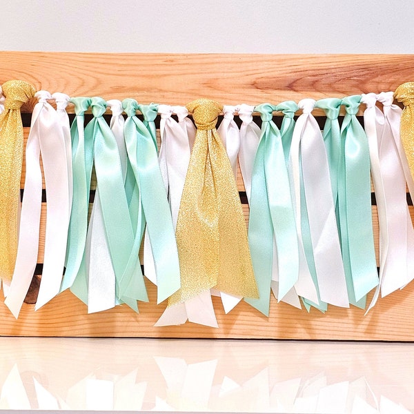 Mint, Gold, and White Ribbon Garland, Highchair Garland, Carousel Party Decoration, Photo Prop, Mint Green and Gold Decorations