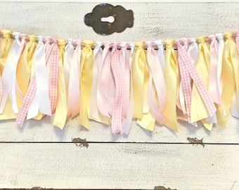 Pink, Yellow and White Ribbon Garland: First Birthday Gingham Highchair Skirt Decoration