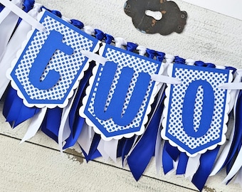 Blue and White Polka Dots Birthday Highchair Banner and Ribbon Garland Set: Mediterranean Blue and White