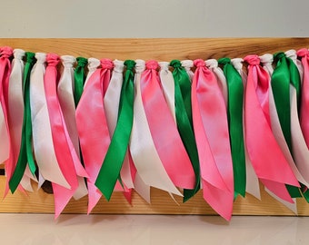 Hot Pink, Green, and White Ribbon Garland, Highchair Garland, Photo Prop or Party Backdrop, Watermelon Decorations, One In A Melon Party