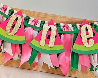 Watermelon Slice Shape Highchair Banner and Ribbon Garland Set, One In A Melon First Birthday, One Fruit Banner, Handcrafted Birthday Banner