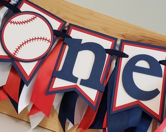 Baseball First Birthday Highchair Banner and Ribbon Garland Set: Red, Navy, and White Banner Set