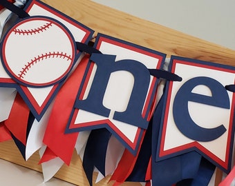 Rookie Year Baseball Highchair Banner and Ribbon Garland Set, Red and Navy, Baseball First Birthday, One Banner, Handcrafted Banner