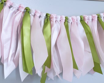 Pink,Apple Green, and White Ribbon Garland, Highchair Garland, Photo Prop or Party Backdrop, Hole In One Decorations, Golf Birthday