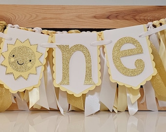 You Are My Sunshine Highchair Banner and Ribbon Garland Set, Yellow and Gold, Sunshine First Birthday, Handcrafted Highchair Banner