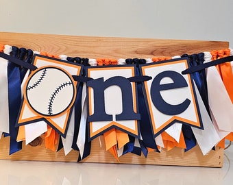 Baseball First Birthday Highchair Banner and Ribbon Garland Set: Navy Blue & Orange