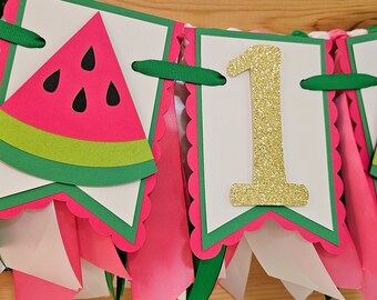 Watermelon Highchair Banner and Ribbon Garland Set, Watermelon First Birthday, One Fruit Banner, One In a Melon Birthday, Handcrafted