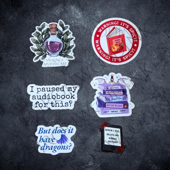 Sticker Bundle Original Art, 6 Pack Bookish Romantasy Decals, Spicy Booktok and Dark Academia Kindle Sticker Set, Satin Vinyl Emblems