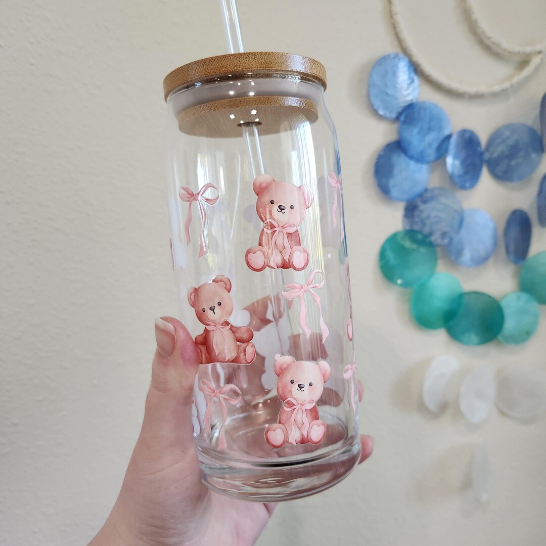 Coquette Cute Teddy Bear Pink Bows 20 Oz Glass Tumbler Cup, Bamboo Lid ...