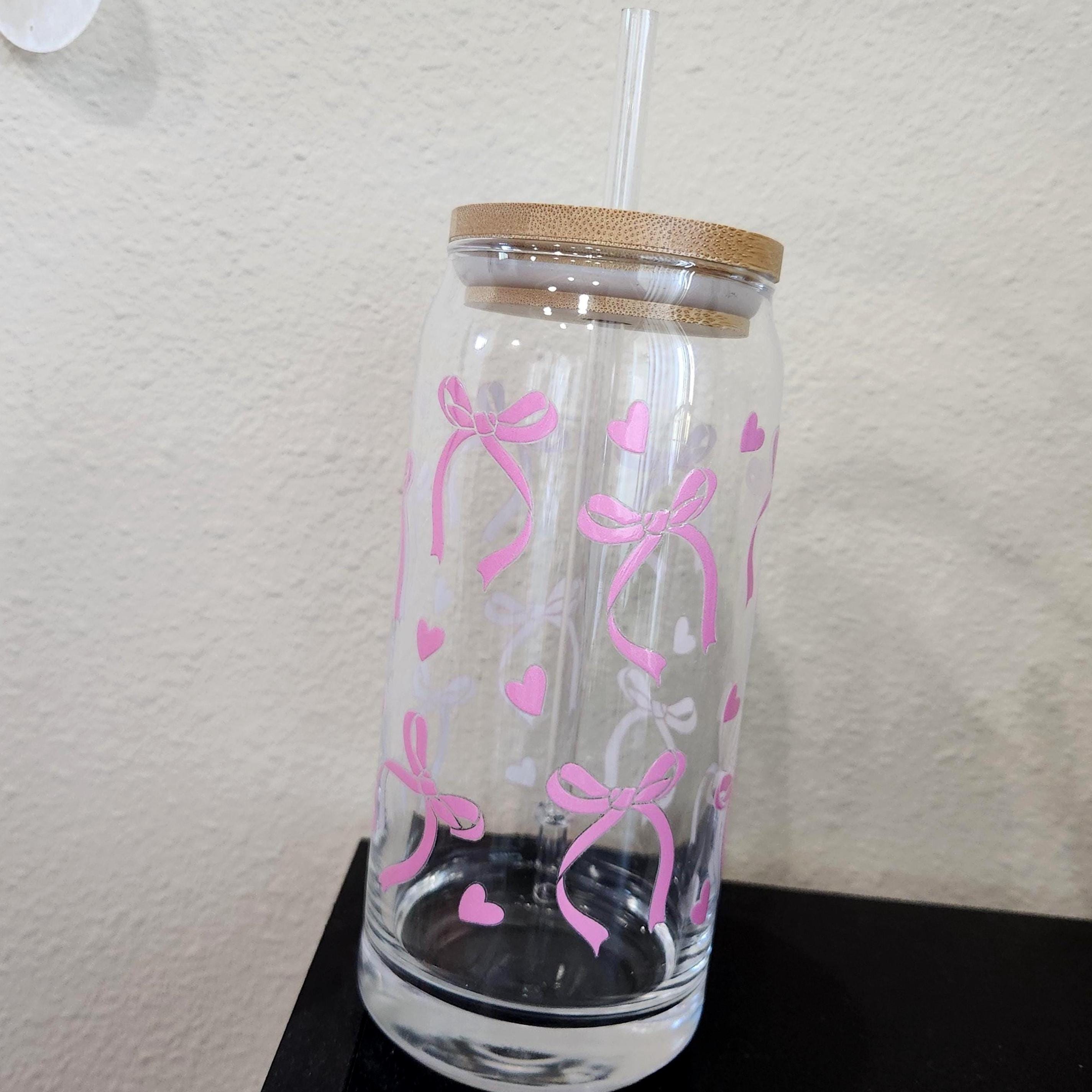 Coquette Pink Bows Balletcore 20 Oz Glass Tumbler Cup, Bamboo Lid ...