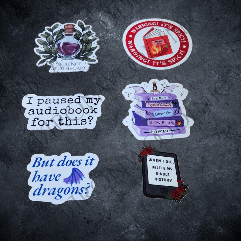 May include: Six vinyl stickers featuring book-themed designs. One shows a purple potion bottle labeled Violence Apothecary, a red warning circle, a stack of purple books with wings, and three stickers with text: I paused my audiobook for this?, But does it have dragons?, and When I die, delete my kindle history.