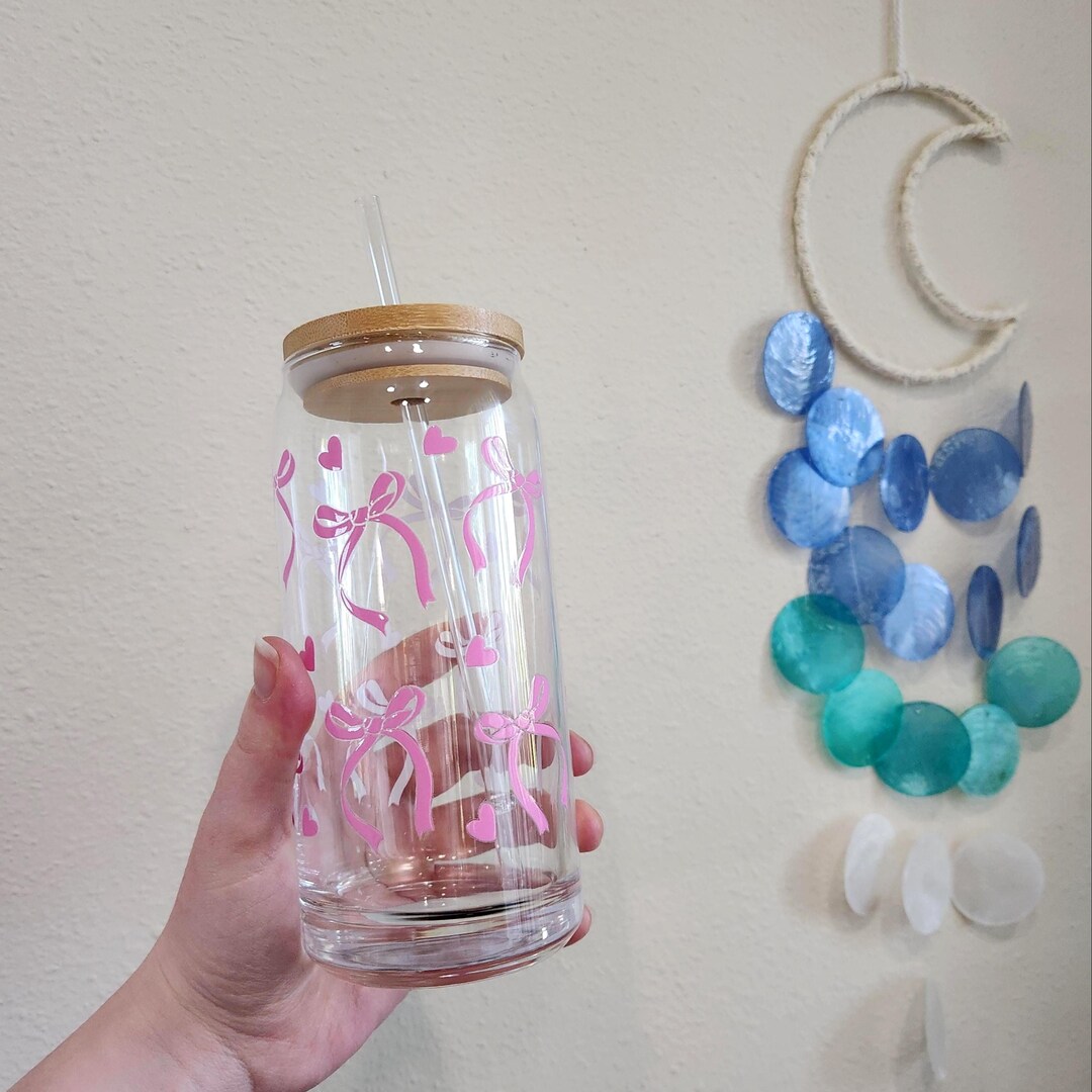 Coquette Pink Bows Balletcore 20 Oz Glass Tumbler Cup, Bamboo Lid ...