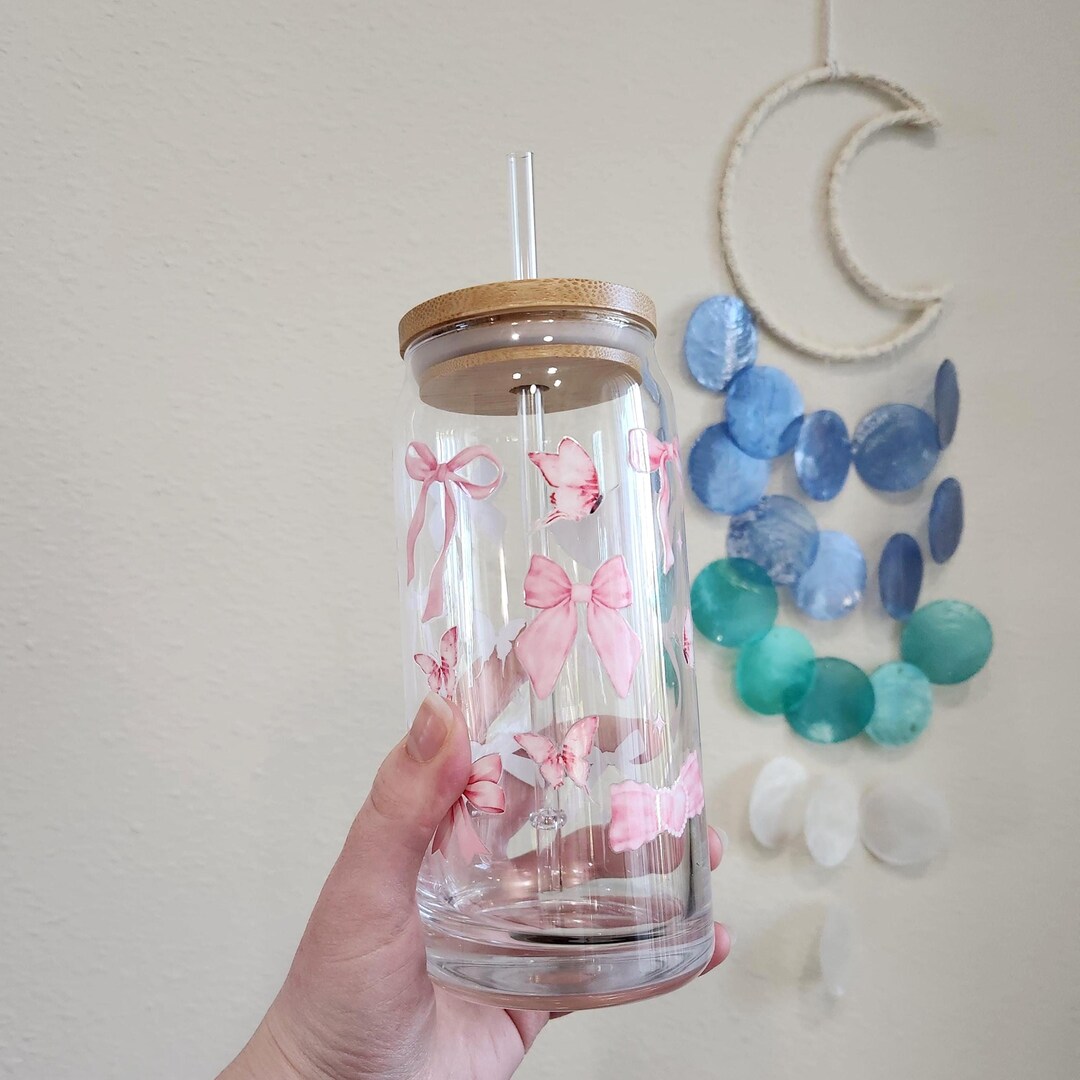 Coquette Pink Bows Ribbons 20 Oz Glass Tumbler Cup, Bamboo Lid Acrylic ...