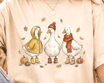Preppy Fall Goose PNG, Autumn Geese Trio, Fall Watercolor Design (Digital Download)