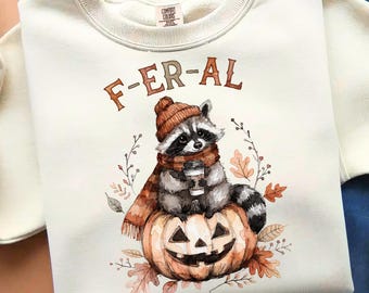 Ferall Raccoon PNG, Cute Fall Raccoon Coffee Shirt Design, Feral Pumpkin Autumn Graphic (Digital Download)