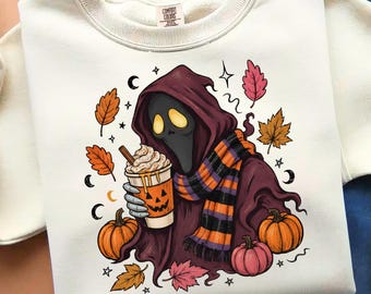Ghost Coffee PNG, Funny Halloween Graphic, Autumn Drink Art (Digital Download)