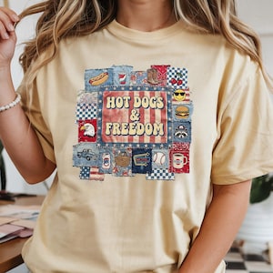 Amerikansk varmkorv med patchwork-denim, retro 4 juli-png, självständighetsdagen-png, patriotisk png, digital nedladdning