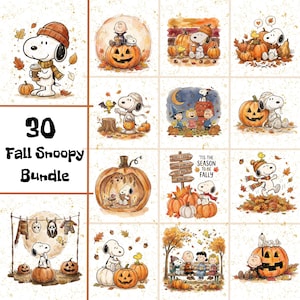 Könnte beinhalten: Eine digitale Sammlung von 30 Illustrationen von Snoopy und den Peanuts-Figuren mit Herbst- und Halloween-Motiven. Die Bilder zeigen Snoopy mit Kürbissen, Herbstblättern, Schals und Holzschildern mit dem Text 'Tis the season to be fally'.