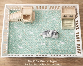 Aesthetic Floral Cotton Quilted Bunny Play Mat | Non-Slip Rabbit Playpen Liner | Washable Small Pet Flooring for C&C Cages | Protective Mat