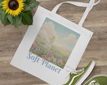 Soft Planet Tote Bag with Angel and Flower Garden Design