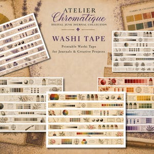 May include: A digital collection of printable washi tape strips featuring vintage-style illustrations of color wheels, paint bottles, botanical elements, and geometric shapes on a beige background with the text Atelier Chromatique.