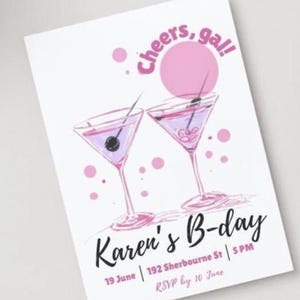 Editable Martini Birthday Invitation Template – Pink Hand-Drawn Canva Invite, Crayola Pastel, Printable Birthday Card