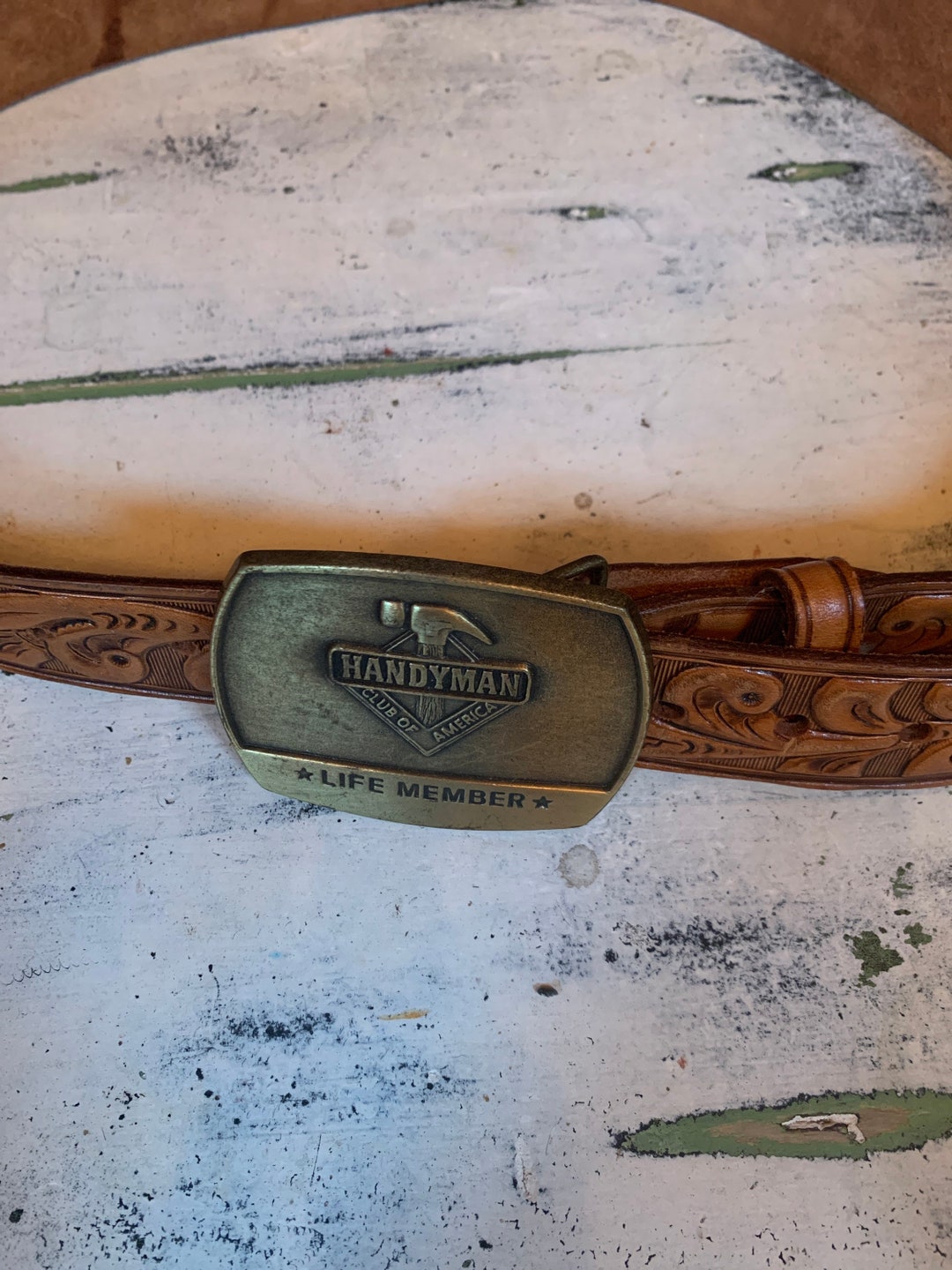 Tooled Leather Belt Handyman Club of America Belt Buckle Camp Etsy