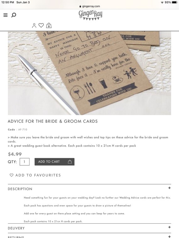 Ginger Ray Advice For The Bride & Groom Cards x10 Brand New
