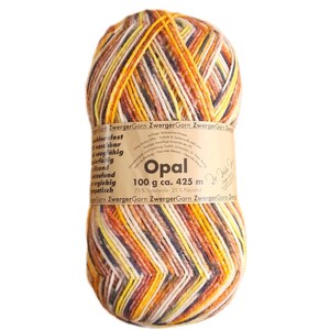 May include: A ball of multi-colored yarn in shades of yellow, orange, brown, and white. The yarn is labeled "Opal" and is 100 grams and 425 meters long. It is made of 75% wool and 25% polyamide.