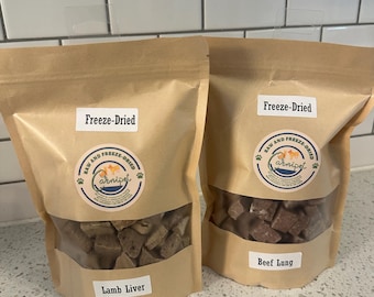 Freeze Dried Kraft Bag Combos-Diced Lamb Liver paired with Beef Lung or Whole or Sliced Chicken Hearts or Pork Hearts or Duck Chips.