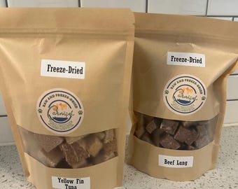 Freeze Dried Kraft Bag Combos-YellowFinTuna paired with Beef Lung or Whle or Slicd Chicken Hearts or Pork Hearts or Lamb Liver or Duck Chips