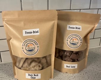 Freeze Dried Kraft Bag Combos-Duck Neck Chips paired with Beef Lung or Whole or Sliced Chicken Hearts or Pork Hearts or Lamb Liver.