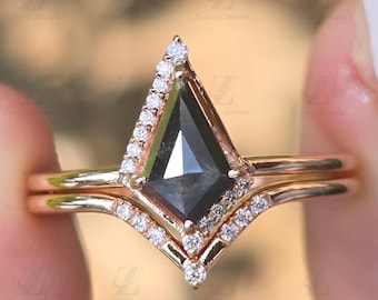 Anillo de compromiso con diamante natural en forma de cometa de 1,50 quilates con diseño de sal y pimienta. Anillo de diamantes. Anillo de boda de diamantes en oro de 14 quilates. Anillo de aniversario único. Anillo de promesa.