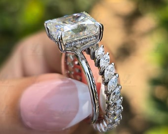 3.50 Ct Radiant Cut Diamond Ring Set Hidden Halo Ring Marquise Wedding Band Unique Engagement Ring 14K Solid Gold Bridal Set Gift for Women