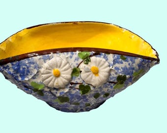 Hand Painted Italian Ceramic Bowl Yellow Interior Floral Design