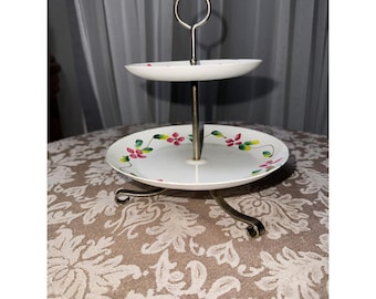 Handmålad metallvit med blommor muffins-/godisställ Toleware