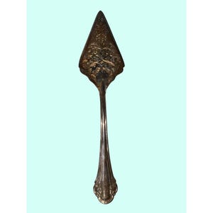 Op de afbeelding: Een zilveren taartschep met een sierlijk, driehoekig blad en een lange, gegroefde steel. Het blad heeft een gedetailleerd bloemmotief. De schep is waarschijnlijk gemaakt van verzilverd metaal en is ontworpen voor het serveren van desserts.