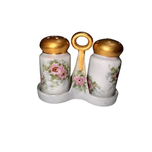 Vintage Hand-Painted Floral Salt & Pepper Shakers With Gold Tops And Holder