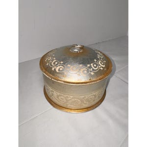Vintage Gold & Silver Tin Round Storage Box With Lid Decorative Floral Scroll Design